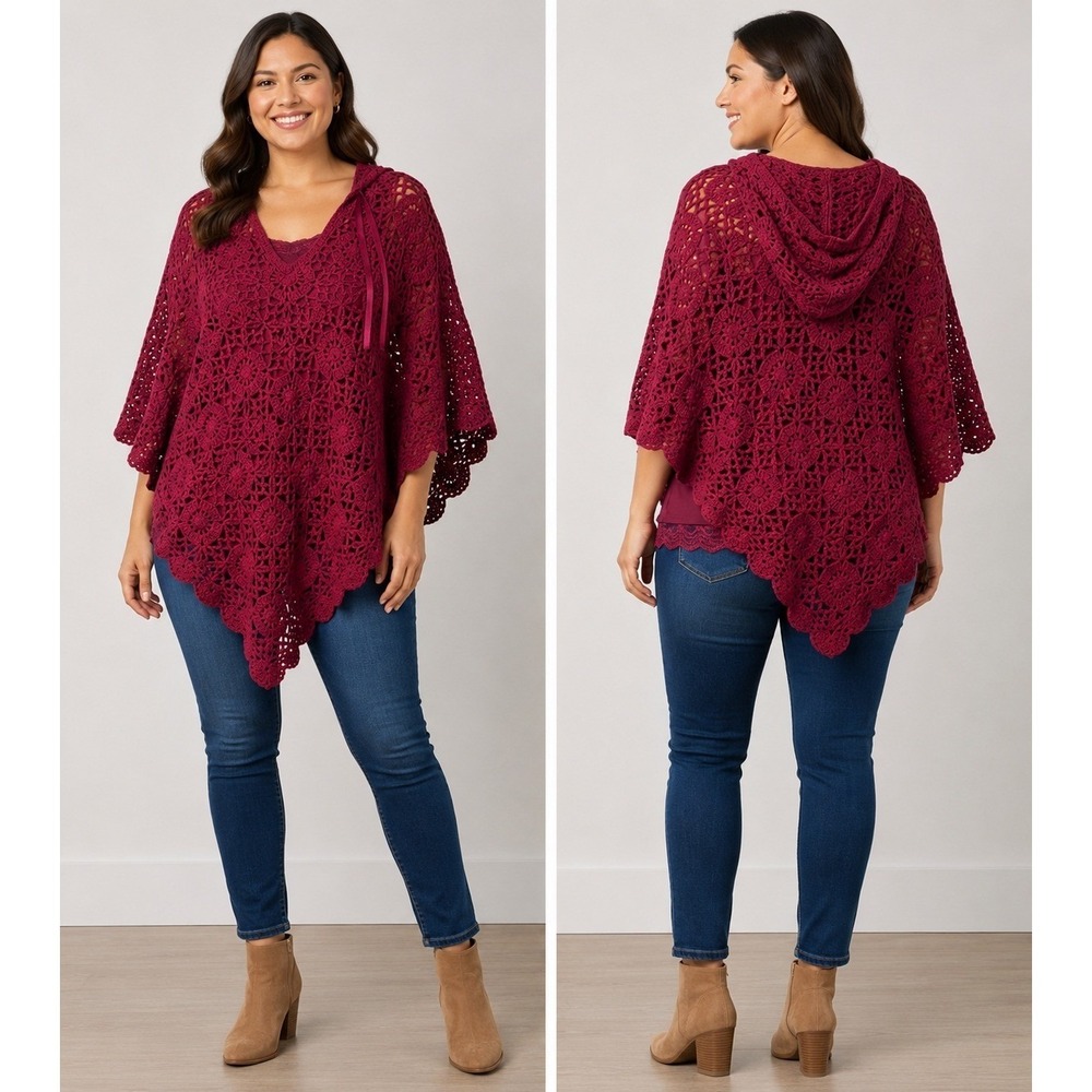 DressBarn Crochet Hooded Poncho Lace Cami Set Burgundy Wine L/XL NWT